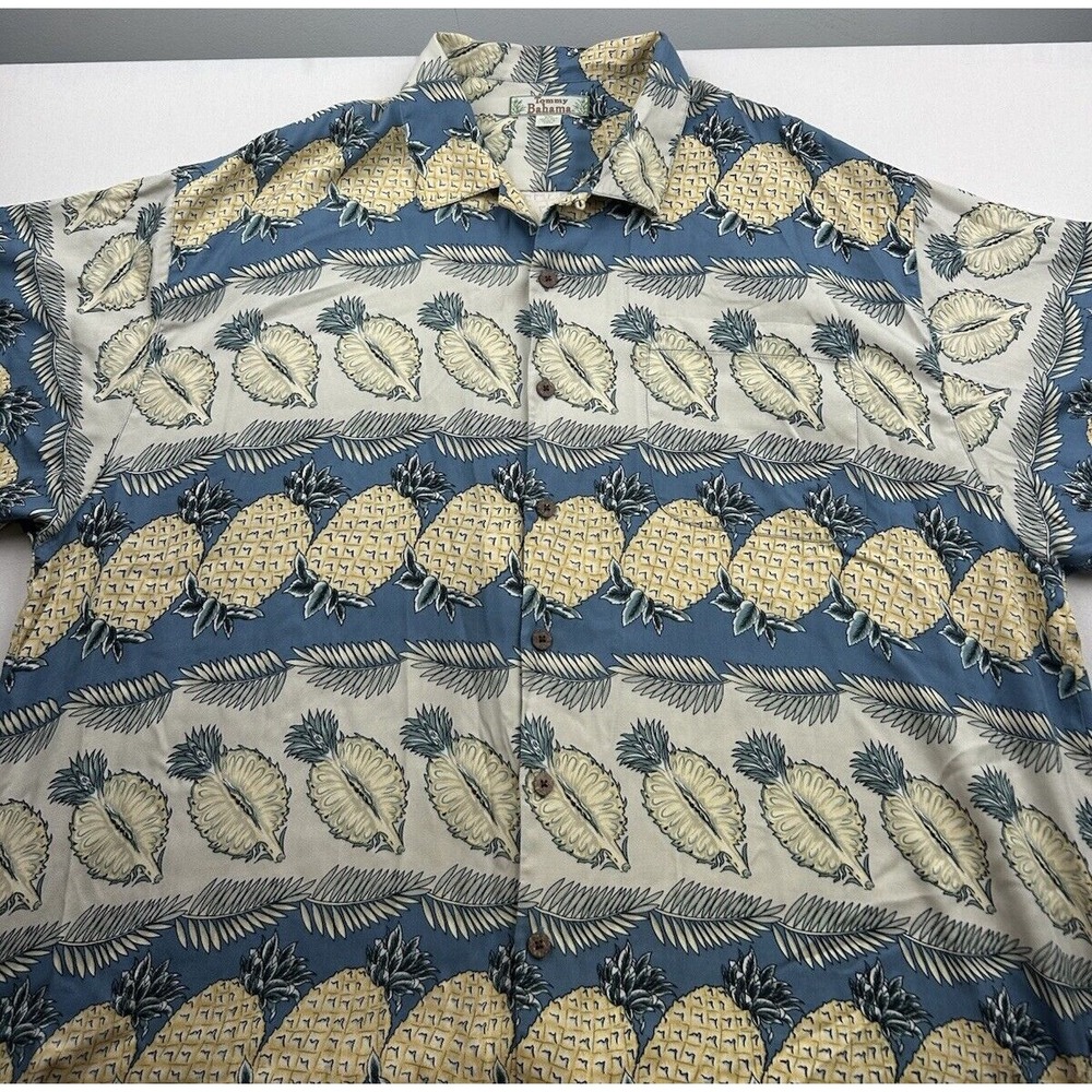 Tommy Bahama Hawaiian Camp Shirt XXL 100% Silk Pineapple Blue Yellow Button